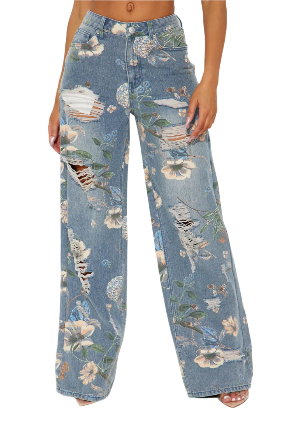 jone(s) Crazy in Love Floral Ripped Wide Leg Jeans - Medium Wash